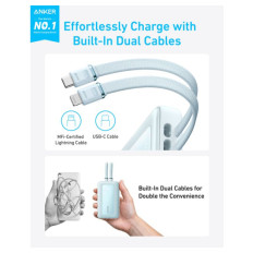 Anker Zolo Powerbank 10000 mAh, 30W z vgrajenima kabloma USB-C + Lightning, moder