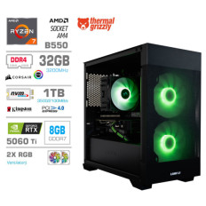 Računalnik MEGA MT S7X R7-5700X/RTX5060Ti/32GB/1TB-4.0/750W/Brez OS/črna RGB + Estetski napajalni kabli [Zelena / Črna]