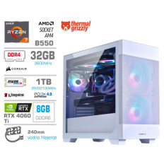 Računalnik MEGA MT S7X R7-5700X/RTX4060Ti/32GB/1TB-4.0/750W/Brez OS/bela RGB