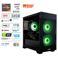 Računalnik MEGA MT S7X R7-5800X/RTX5060Ti-16GB/32GB/1TB-4.0/750W/Brez OS/črna RGB + Estetski napajalni kabli [Zelena / Črna]