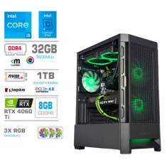 Računalnik MEGA MT S8 i5-13400/RTX4060Ti/32GB/1TB-4.0/750W/Brez OS/črna RGB + Estetski napajalni kabli [Zelena / Črna]