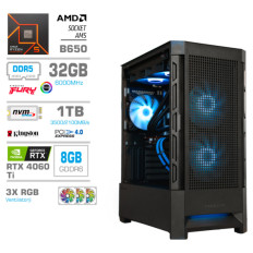 Računalnik MEGA MT S8 R5-7600X/RTX4060Ti/32GB-DDR5/1TB-4.0/750W/Brez OS/črna RGB + Estetski napajalni kabli [Svetlo modra / Črna]