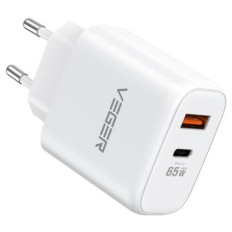 VEGER 65W1A1C 2-portni polnilec, USB-A/USB-C, QC3.0/PD3.0, bel