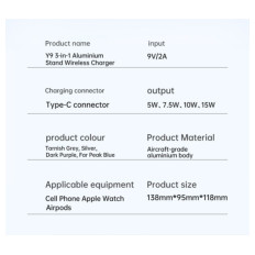 VEGER brezžična polnilna postaja 3v1 Y9 za pametni telefon, Apple watch, AirPods, siva